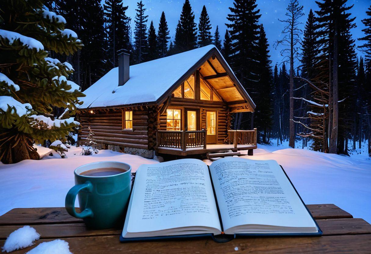 A beautifully crafted wooden cabin nestled in a snowy Northland landscape, with a warm glow emanating from the windows. In the foreground, an open notebook lies on a rustic table, surrounded by pine cones and a steaming mug of hot cocoa. Snowflakes gently fall, creating a serene atmosphere, while tall evergreen trees frame the scene. Include a subtle hint of auroras in the night sky above. super-realistic. vibrant colors. warm lighting.