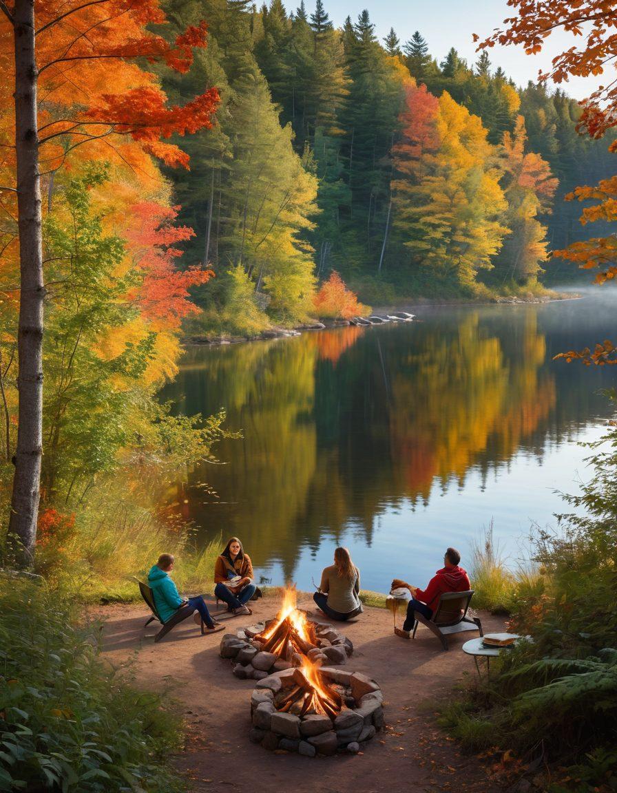 A vibrant scene depicting diverse individuals in Duluth sharing personal stories around a cozy campfire by the lake, surrounded by lush greenery and colorful autumn foliage. Each person represents different cultures and backgrounds, showcasing their unique expressions and emotions. The warm glow of the fire contrasts with the cool blue of the lake, creating a welcoming atmosphere. Include elements of art, such as sketchbooks or musical instruments, to signify creative storytelling. painterly style. warm colors. tranquil atmosphere.