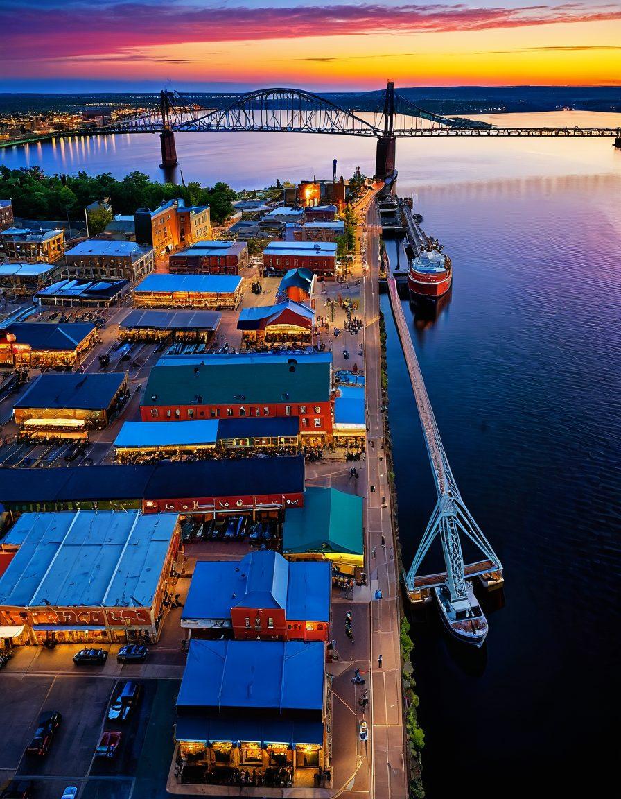 A stunning aerial view of Duluth showcasing its vibrant lakeside scenery, featuring colorful local markets and street artists passionately creating murals. The iconic Aerial Lift Bridge in the background symbolizes the city’s rich culture. A warm sunset casts golden hues over the scene, inviting viewers to explore the community vibe. super-realistic. vibrant colors. 3D.